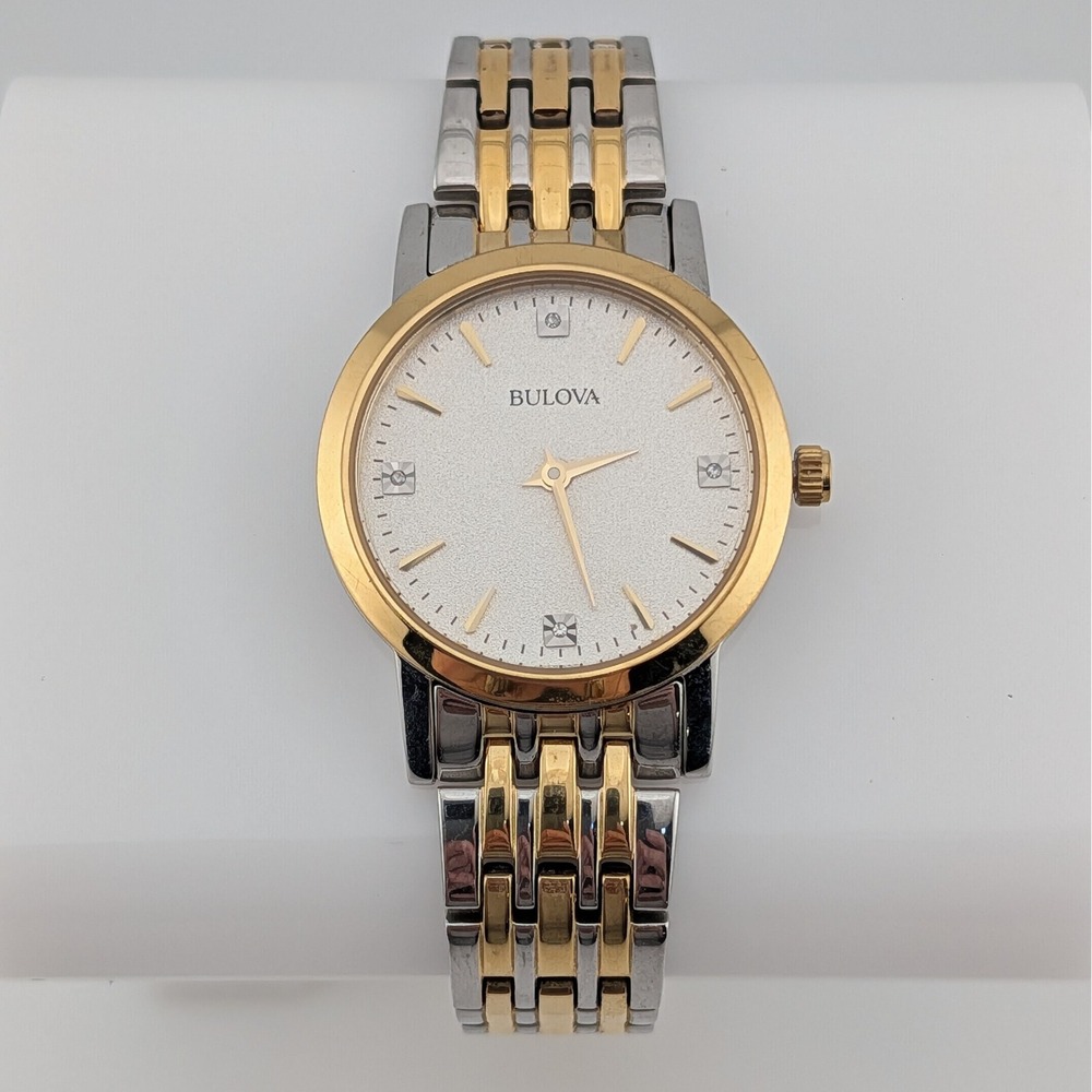 Bulova 98P115 Women's Two Tone Diamond Accent Quartz Watch Silver Gold Engraved